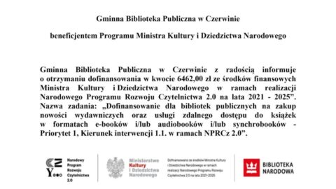 <strong>Gminna Biblioteka Publiczna w Czerwinie beneficjentem Programu Ministra Kultury i Dziedzictwa Narodowego</strong>