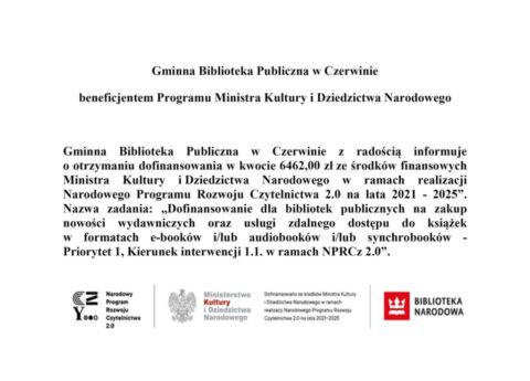 <strong>Gminna Biblioteka Publiczna w Czerwinie beneficjentem Programu Ministra Kultury i Dziedzictwa Narodowego</strong>