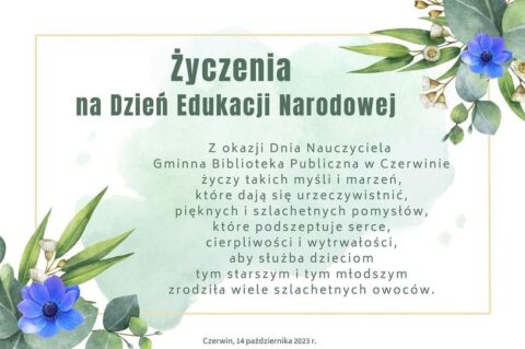 <strong>Życzenia z okazji Dnia Edukacji Narodowej dla wszystkich nauczycieli i pracowników oświaty od Gminnej Biblioteki Publicznej w Czerwinie</strong>